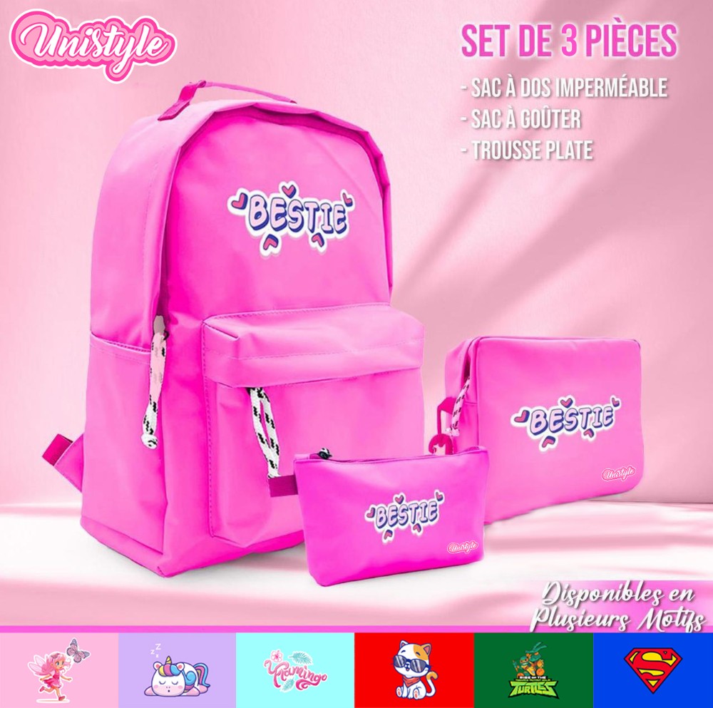 Trio: Backpack 16" 2Zips With Waterproof Fabric In Pastel Colors + Lunch Bag R + Pencil Case + Key Ring