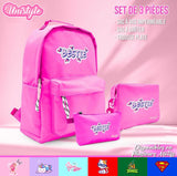 Trio: Backpack 16" 2Zips With Waterproof Fabric In Pastel Colors + Lunch Bag R + Pencil Case + Key Ring