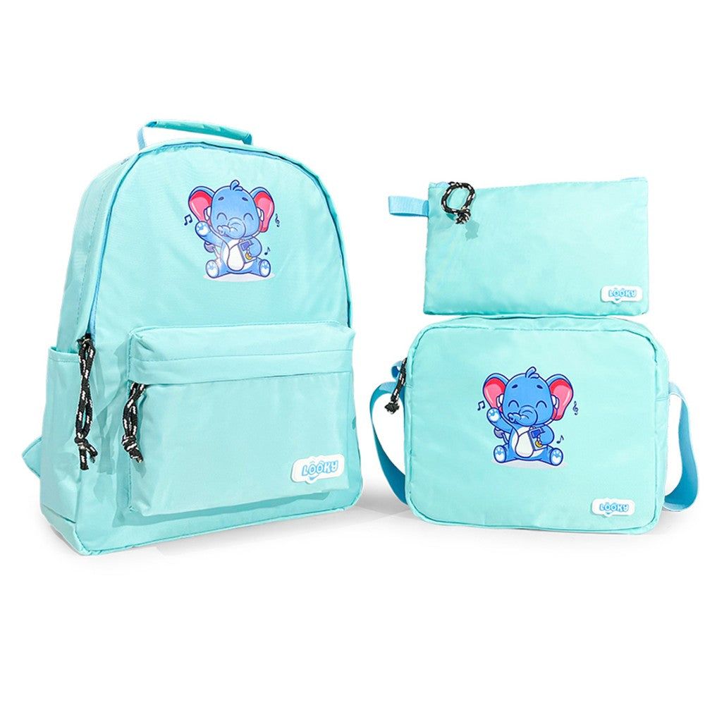 Trio: Backpack 16" 2Zips With Waterproof Fabric In Pastel Colors + Lunch Bag R + Pencil Case + Key Ring