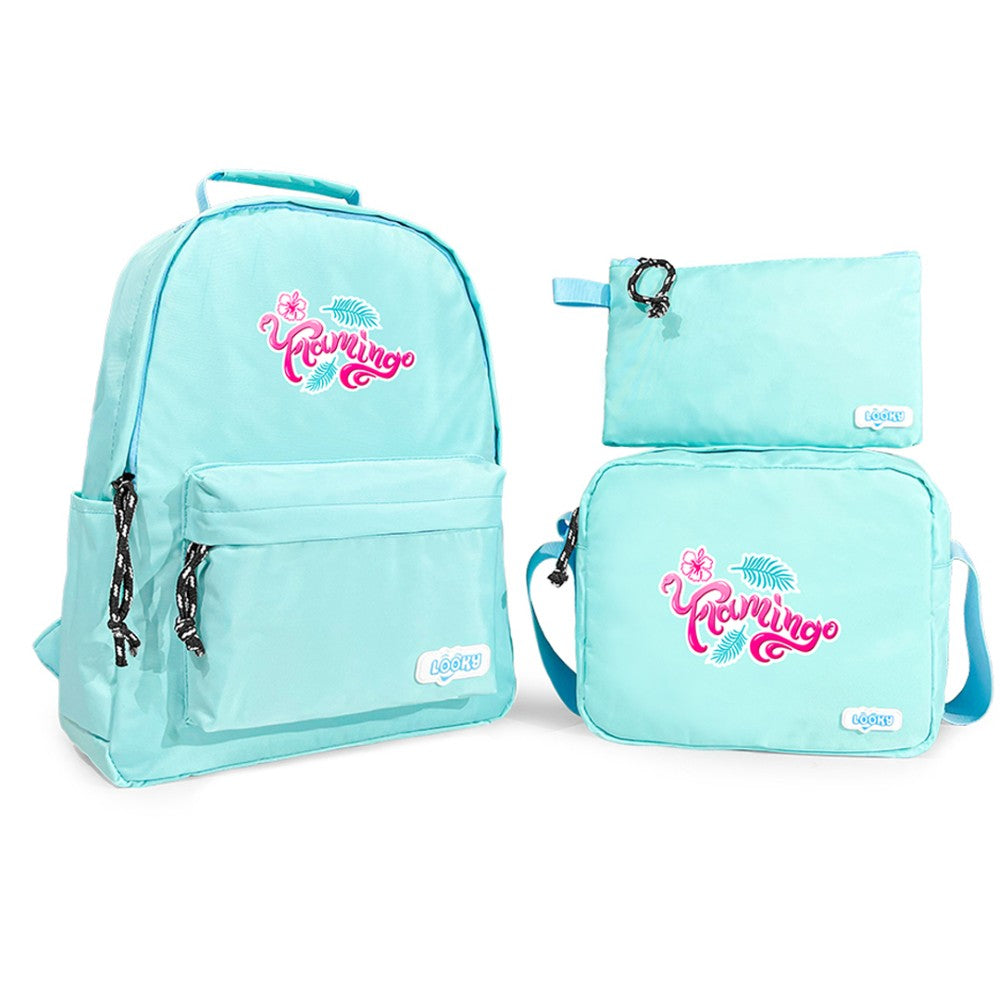 Trio: Backpack 16" 2Zips With Waterproof Fabric In Pastel Colors + Lunch Bag R + Pencil Case + Key Ring