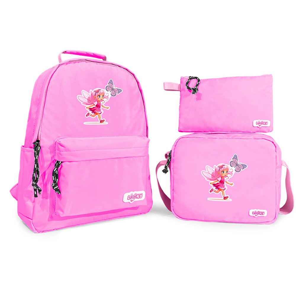 Trio: Backpack 16" 2Zips With Waterproof Fabric In Pastel Colors + Lunch Bag R + Pencil Case + Key Ring