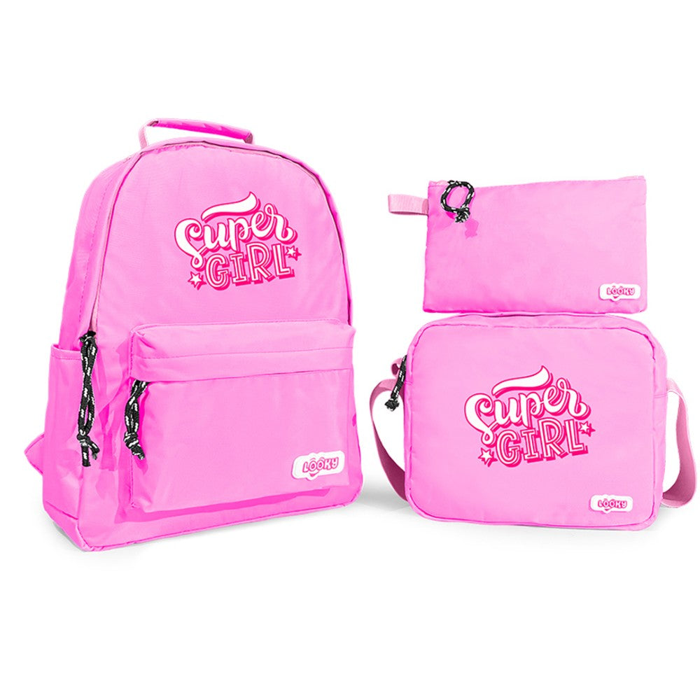 Trio: Backpack 16" 2Zips With Waterproof Fabric In Pastel Colors + Lunch Bag R + Pencil Case + Key Ring
