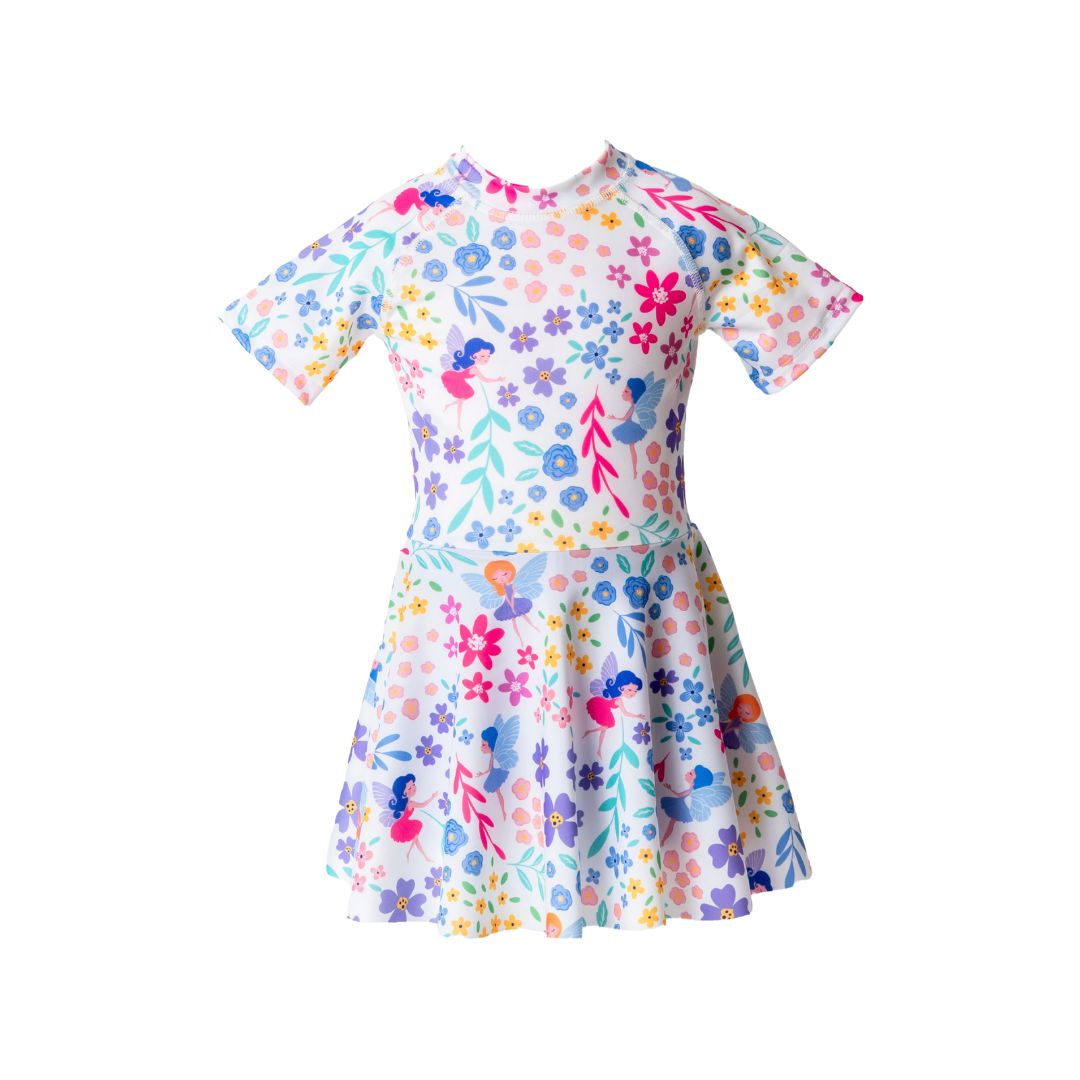 Short Sleeve Girl's Dress Swimsuit – Floral Print