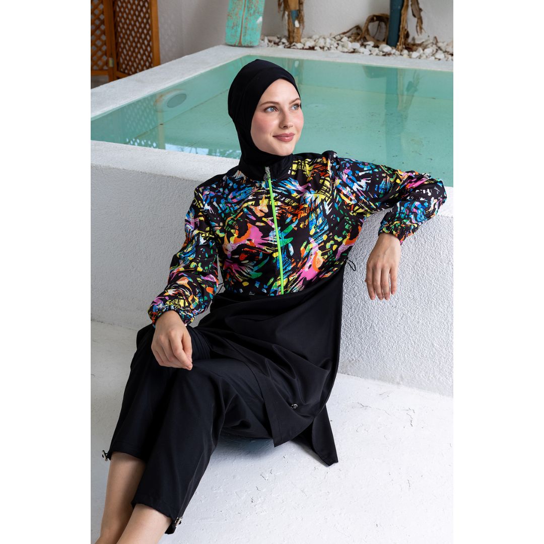 Lexa Parachute Long Sleeve Hijab Swimsuit – Black