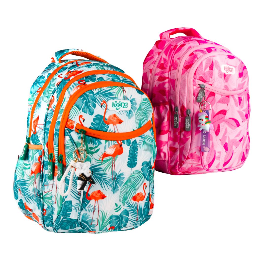 Backpack 17" 4Zips 7Patterns With Fabric Satin Waterproof + Key Ring